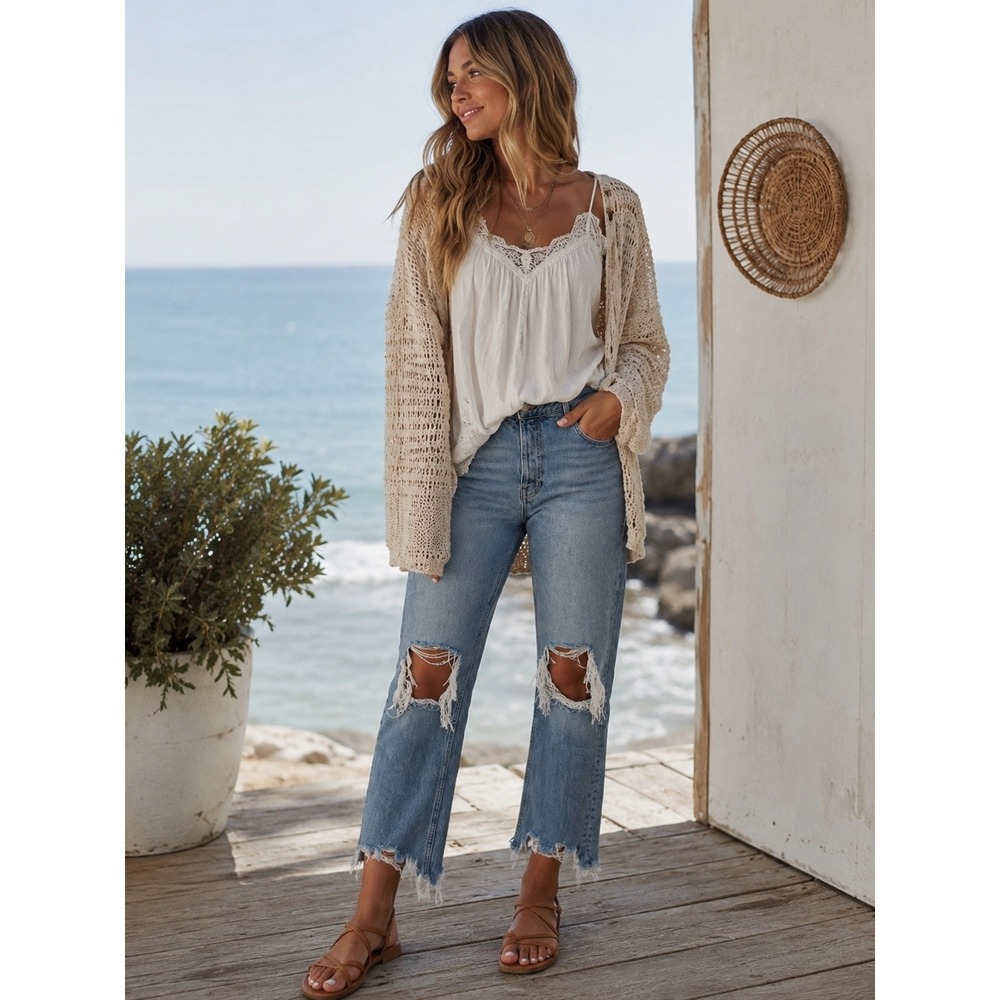 Free People We The Free Maggie Distressed Cropped Straight Jeans Size 28 Raw Hem